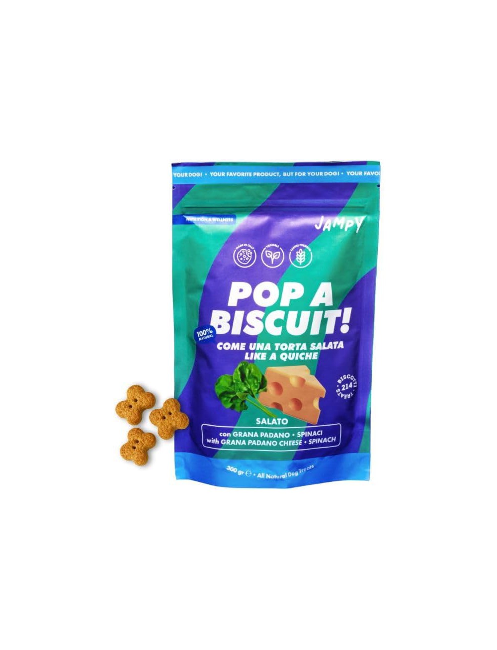 Jampy Biscotti Naturali per Cani al Formaggio. Snack Ipocalorici per Digestione e Benessere. Con Ingredienti Vegetali e Senza