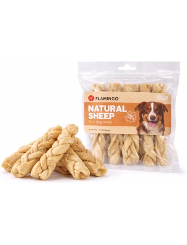 Flamingo Snack per Cani - Bastoncini per Cani - Nature - Pelle di Pecora Intrecciata Sottile - 100 gr - Senza glutine - Senza